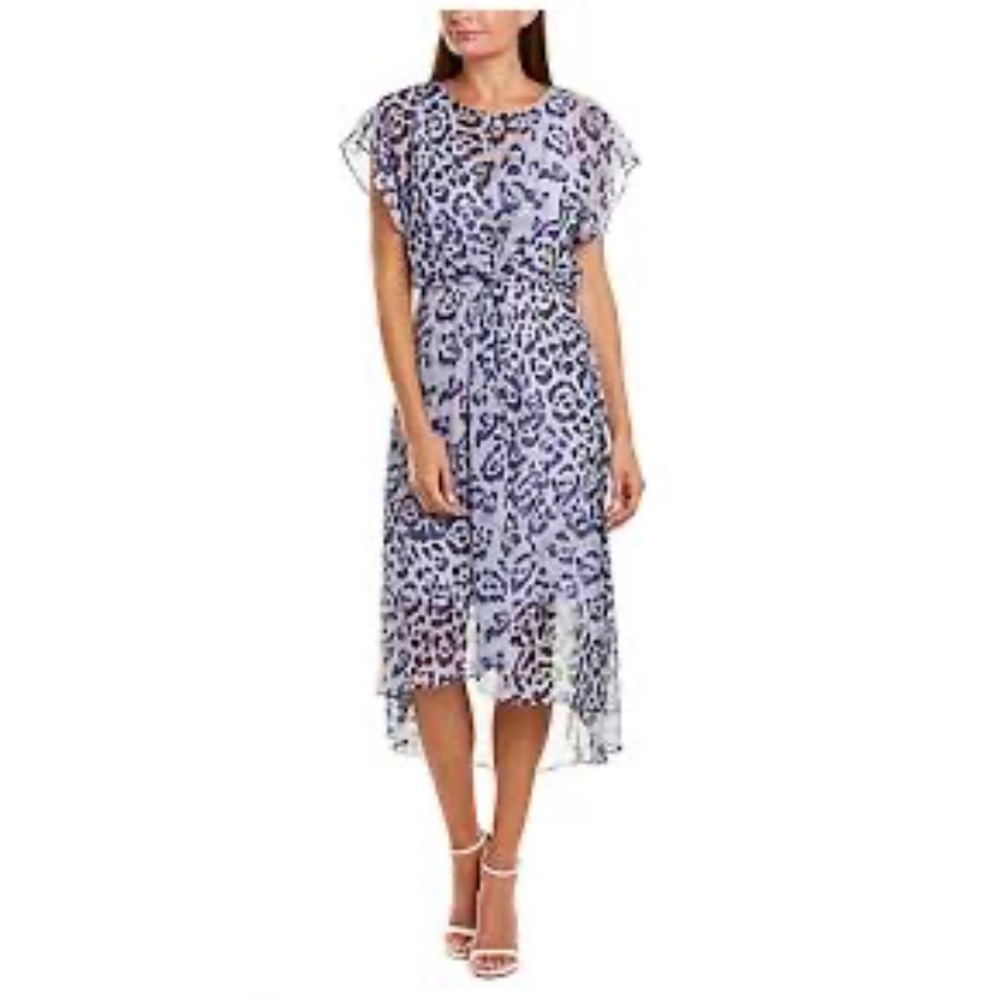Adrianna Papell Purple Leopard Print Twist Front High-Low Midi Dress Size 10 NEW